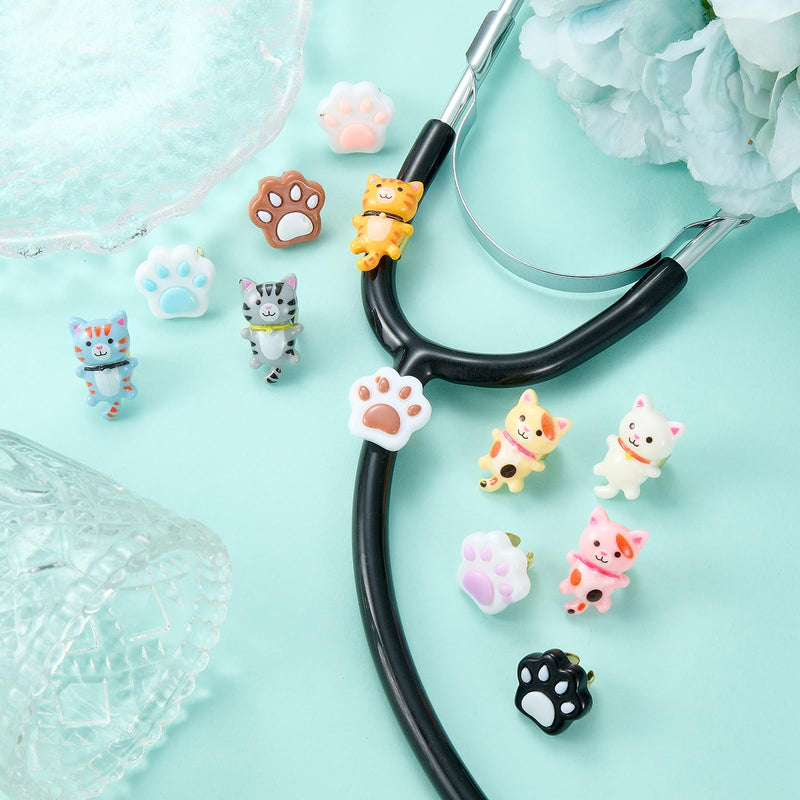 [Australia - AusPower] - 12 Pcs Stethoscope Charms for Nurses Personalized Paw Print and Cat Stethoscope Accessories Gifts for Nurse Graduates Doctor Surgeons and Medical Assistant Cat and Paw 