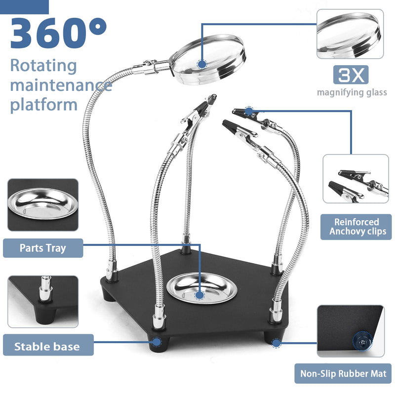 [Australia - AusPower] - Third Hand Soldering Aid Magnetic Helping Hand Soldering PCB Holder Tool Model Making Accessories Four Arms Helping Hands with 3 x Magnifying Glass for Soldering and Crafts Workshop Helping Station 