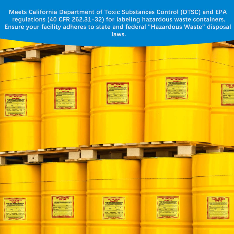 (California) Hazardous Waste Labels 50-Pack | 6x6 Inch Adhesive Vinyl Stickers, EPA & CA DTSC Compliant for Containers & Drums
