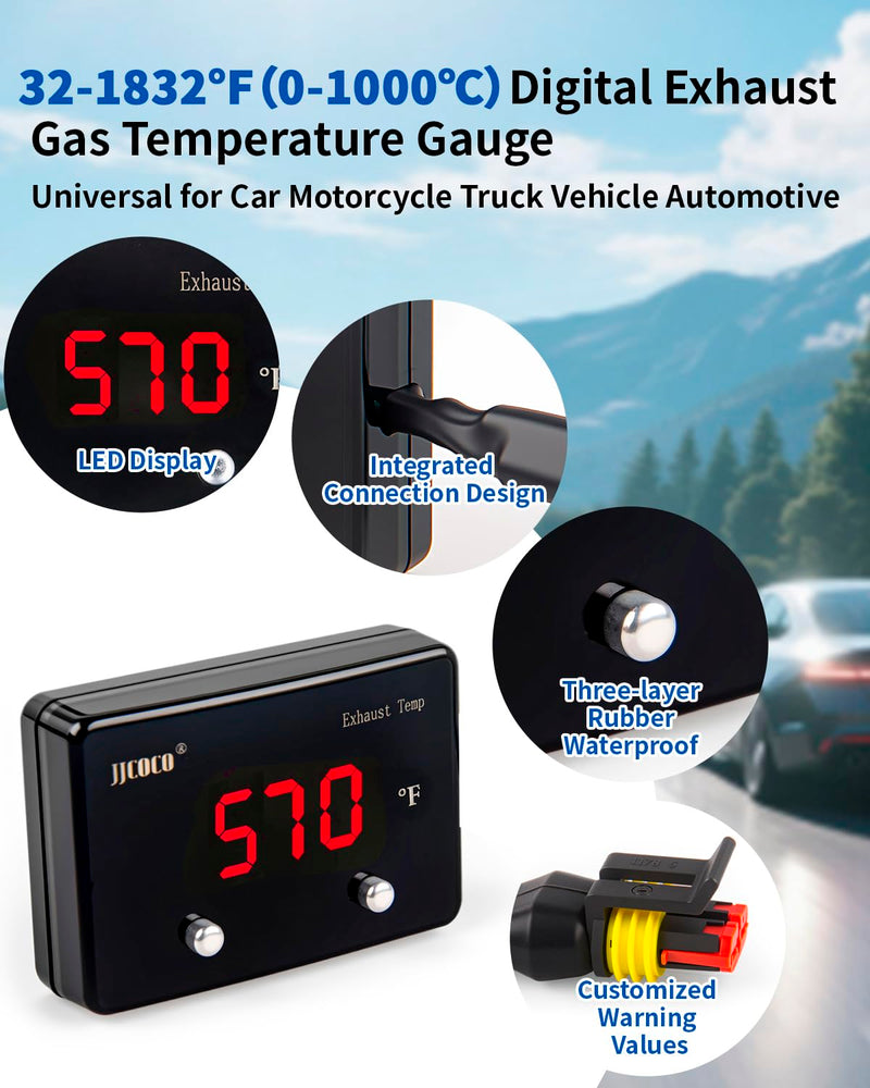 [Australia - AusPower] - Exhaust Gas Temperature EGT Gauge 1832 ℉ Pyrometer Kit - LED Digital Display with EGT Sensor for Diesel Car Motorcycle ATV Red Fahrenheit 