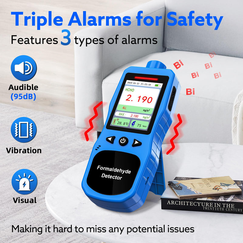Formaldehyde Detector, Rechargeable HCHO Monitor with Vibration, Visual & Sound Alarms, Temperature Humidity Meter, Formaldehyde Air Quality Tester for Home, Work