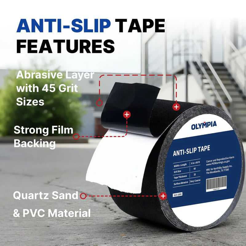 NORTHSKY Olympia 6 Inch x 60 Foot Anti Slip Tape, 45-Grit Friction, Non-Slip Traction Grip for Stairs, Waterproof Grip Tape Safety Non Skid Tape for Steps Anti-Slip Traction Tape Black 6“