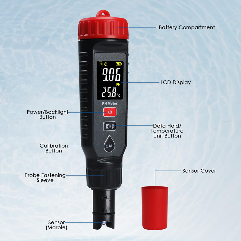 [Australia - AusPower] - Digital PH Meter with LCD Display, Temperature Measurement, Automatic Calibration, Data Hold & Backlight Alarm – High Accuracy, Auto Shutdown, ℃/℉ Switch, Rechargeable for Water Quality Testing 