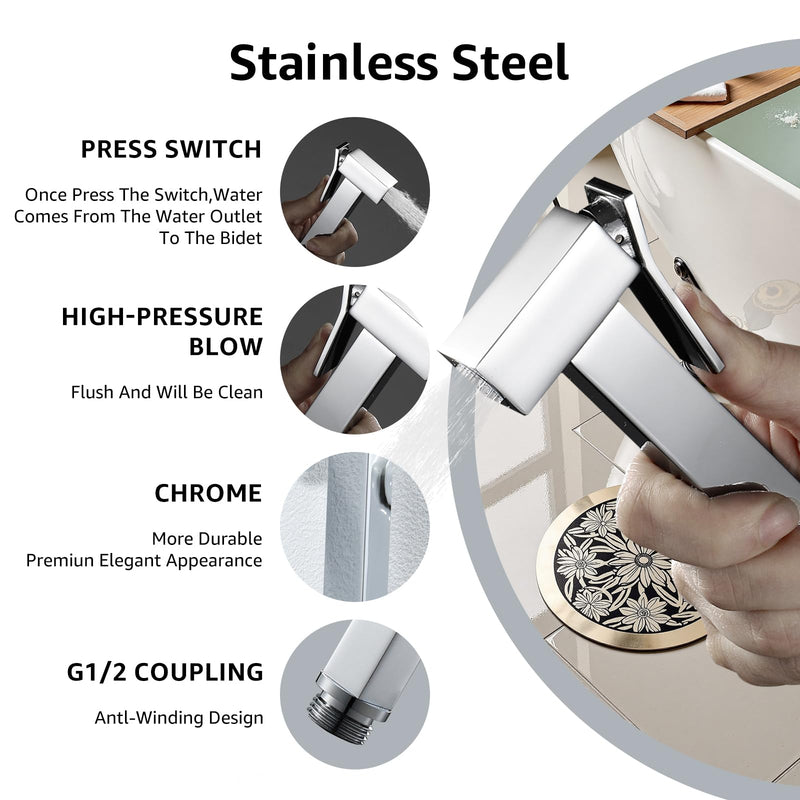 Handheld Bidet Sprayer for Toilet, Cloth Diaper Sprayer with Wall Mounts (ABS) and Hand Held Bidet Bathroom Hose (Stainless Steel), Jet Spray for Toilet, Muslim Shower, Easy to Install (Chrome) Chrome