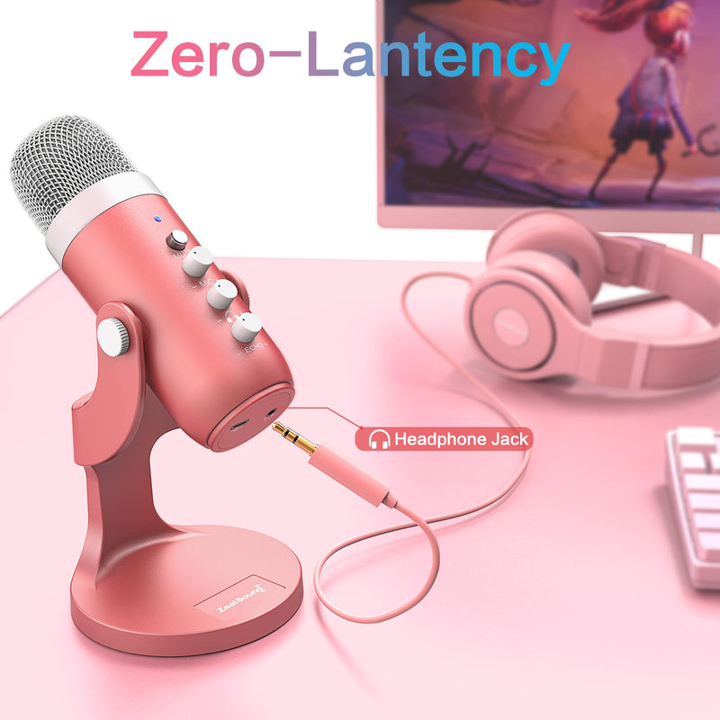 [Australia - AusPower] - ZealSound USB Microphone,Condenser Computer Mic,Plug&Play Gaming Microphones for PS 4&5.Headphone Output&Volume Control,Mic Gain Control,Mute Button,YouTube Podcast on Mac&Windows Pearlescent Pink 