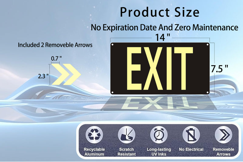 Photoluminescent Exit Sign Black - Aluminum -14 x 7.5 x 0.04 Sign,With Removable Directional Arrows, With Strong Self Adhesive Tape. Style 1 -Photoluminescent Exit Sign Black 1 Pack