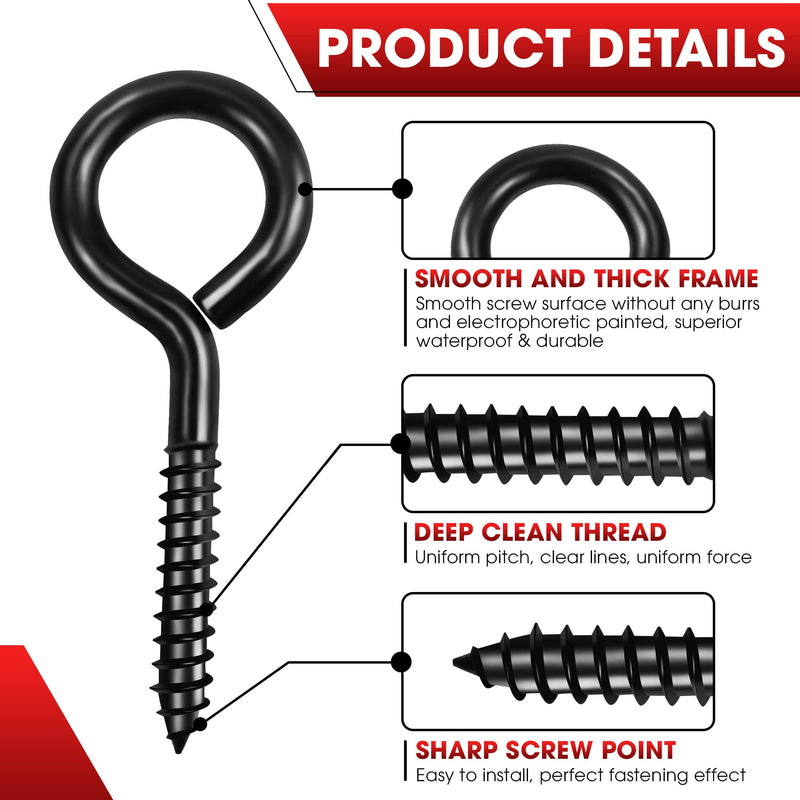 [Australia - AusPower] - 12Pcs Screw Eyes, 2.56 Inch Black Eye Hooks Screw Self Tapping Eye, Heavy Duty Eye Bolt for Wood Securing Cables Wire, Hammock Stand, Indoor & Outdoor Use 12Pcs 