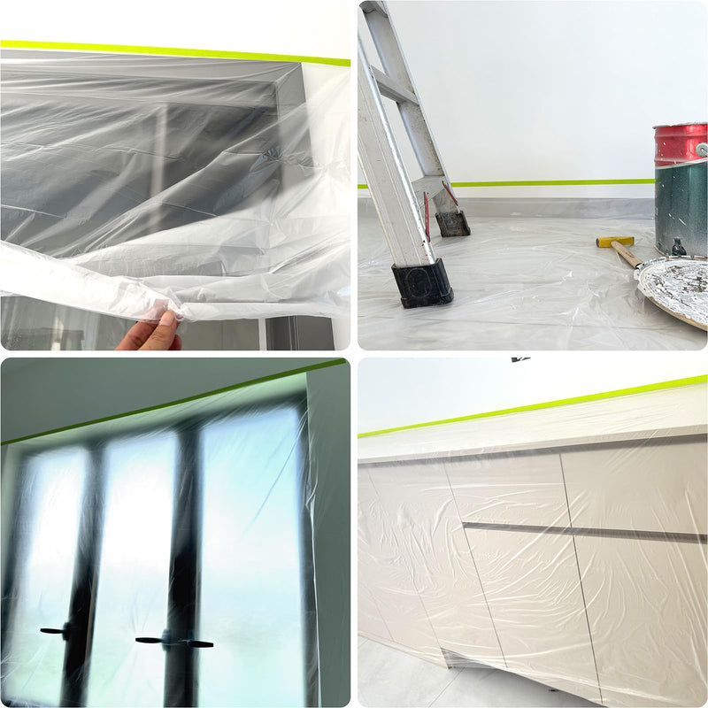 3 Rolls Pre-Taped Masking Film 59" x 66' Automotive Painters Tape and Plastic Painting Film for Covering Cars Walls Windows and Floor Furniture Protection
