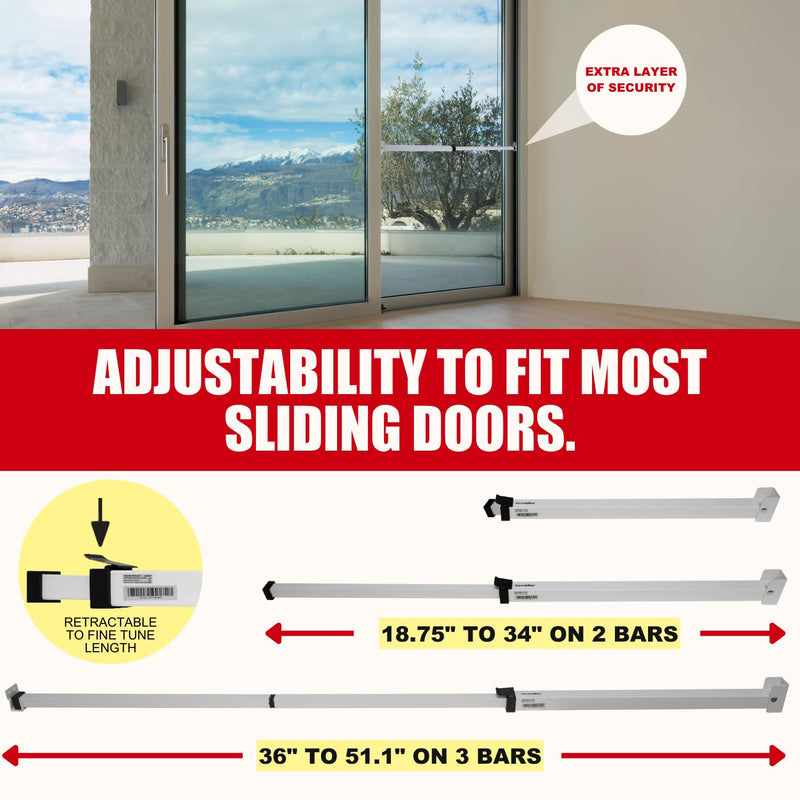 SECURITYMAN Sliding Door Security Bar-Child Proof Sliding Door Lock Bar with Anti Lift Lock - Fits Most Doors & Windows - Adjustable Patio Door Security Bar (18.75"- 51.1") - White