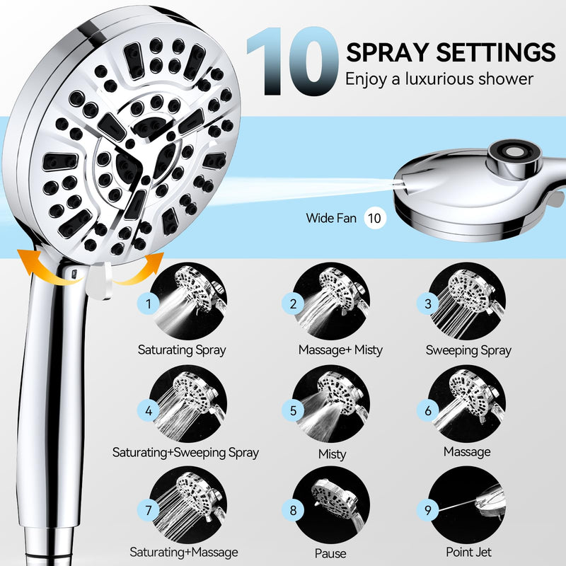 VOXON Magnetic High Pressure Shower Head, 10-Mode Handheld Shower Head, Built-in 2 Power Wash, Adjustable Shower Head with Handheld with Magnetic Docking & 60'' Hose, 2.5 GPM Showerhead with 5'' Face Silver