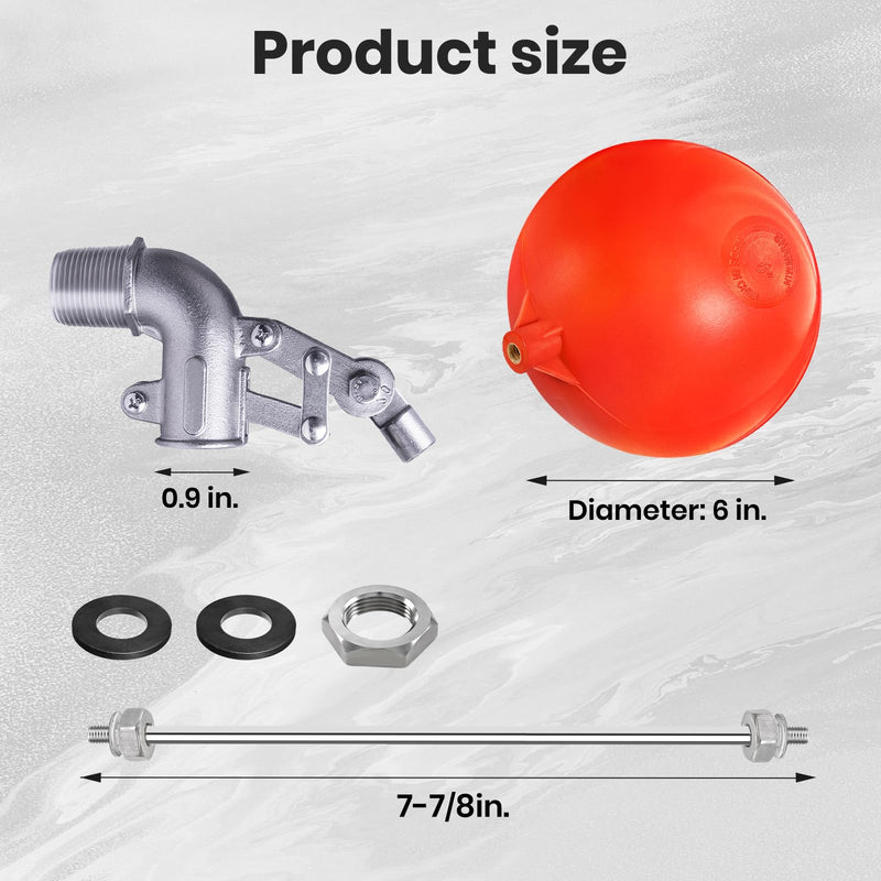 3/4 Inch Stainless Steel Float Valve for Water Tank, Heavy-Duty Design with Adjustable Angle Rod for Water Level Control, Includes 6 Inch Float Ball – Ideal for Water Troughs 3/4inch