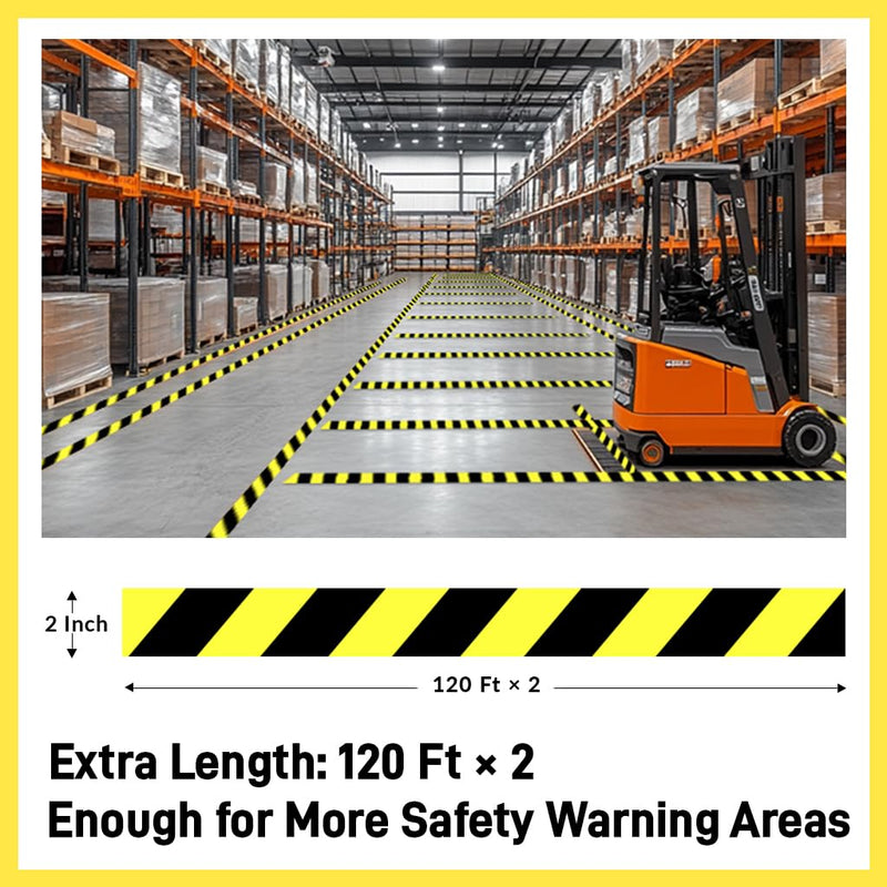 2 Pack x 2 Inch x 120 FT Black & Yellow Caution Tape Roll, Hazard Safety Floor Marking Tape, Strong Adhesive, Waterproof, Wear Resistant for Floors, Walls, Staircases, Equipment, Danger Areas 2" x 120' Black/Yellow
