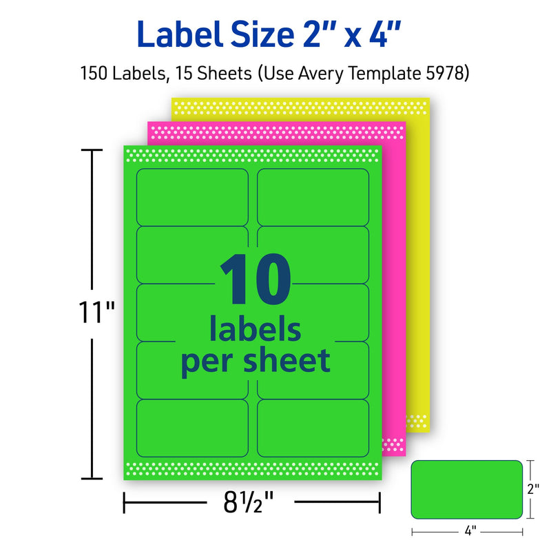Avery Printable Shipping Labels with Sure Feed, 2" x 4", Assorted Neon Colors (Magenta, Green, Yellow), Laser & Inkjet Compatible, 150 Blank Labels Total (5978) 2 in x 4 in
