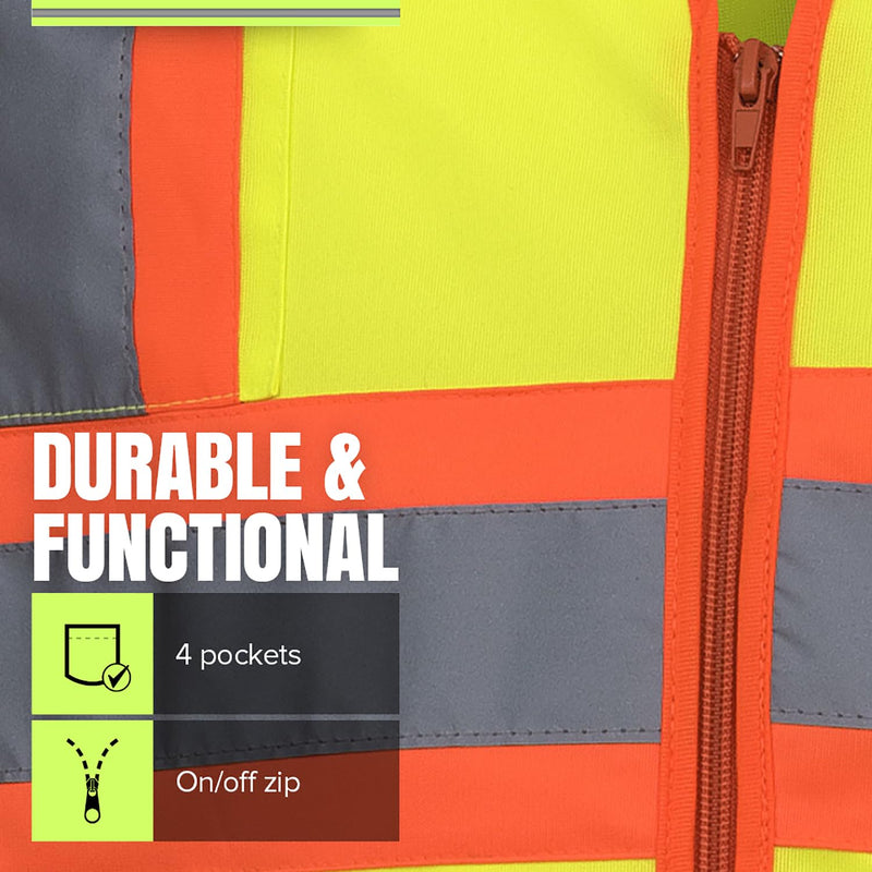 Pioneer Hi Vis Sleeved Safety Vest For Men & Women - Class 3 - Reflective Tape, Breathable - Pockets - Yellow/Green Medium