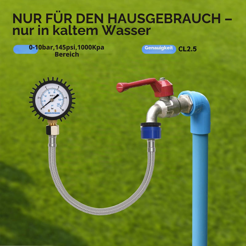 Water Pressure Gauge with Hose Tap Connection, Water Pressure Gauge, 0-10bar/145psi, 2 Inch Dial, Rubber Protection, Water Supply System, for Home, Garden and Irrigation System Monitoring