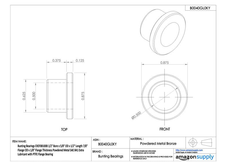 [Australia - AusPower] - Bunting Bearings EXEF081008 Extra Lubricant with PTFE, Flange Bearing, Powdered Metal, SAE 841 1/2 " Bore x 5/8 " OD x 1/2 " Length 7/8 " Flange OD x 1/8 " Flange Thickness (3 Pack) 