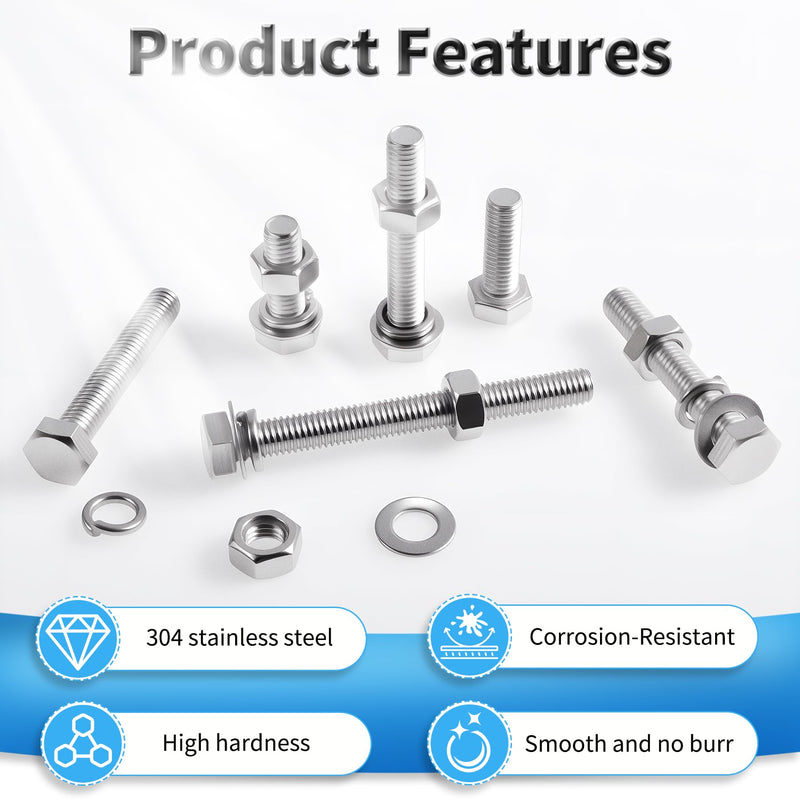 [Australia - AusPower] - 12 Set M8-1.25×60 Hex Head Screws Bolts, Nuts, Flat & Lock Washers,304(18-8) Stainless Steel Full Thread Hexagon Bolts with Nut & Washers for Heavy-Duty Fastening Applications 12Pcs M8-1.25×60 
