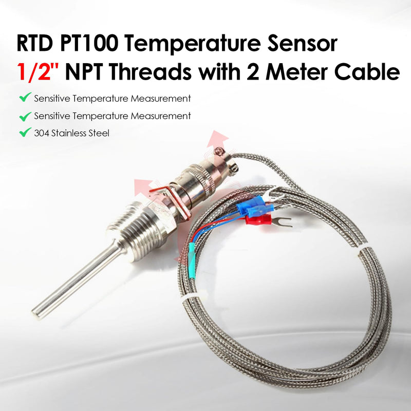 [Australia - AusPower] - RTD PT100 Temperature Sensor Probe, 1/2" NPT Thread Stainless Steel Thermocouple, 3 Wire 2M/6.6ft Cable for PID Temperature Controller -50 to 300℃ 