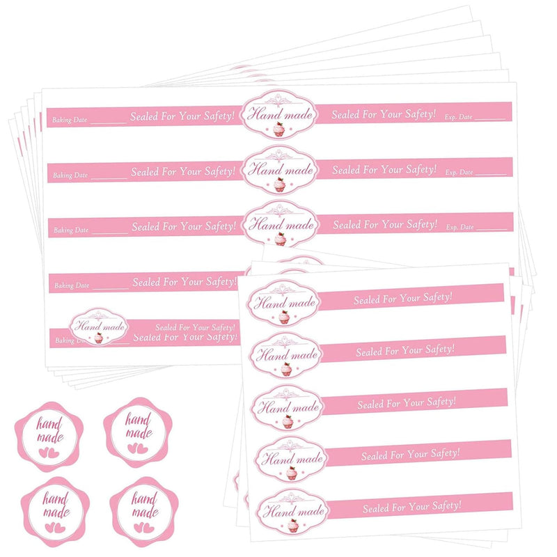 100 Pcs Handmade Food Retail Package Seal Labels 9x1'' Safe Secure Tamper Evident Labels 100Pcs Handmade Food Baking Label with 1.75 '' 100Pcs Hand Made Stickers for Cake Dessert Box Packaging Pink