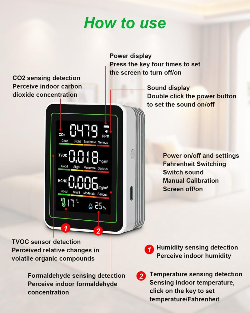 [Australia - AusPower] - Indoor Air Quality Monitor, 5 in 1 Portable Smartair Quality Tester for CO2 | TVOC | HCHO | Temp | Hum for Home Cars Plants and Pets So On White 