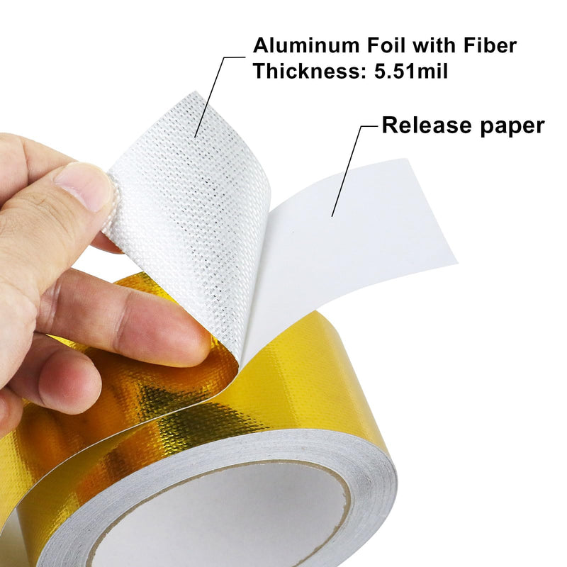 BOMEI PACK Adhesive Gold Aluminum Foil Heat Shield Tape Barrier 2inch x 66ft, Fiberglass Thermal Insulation Reflective Material High Temp Protection,1 Pack