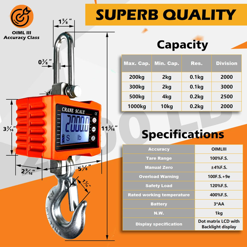 [Australia - AusPower] - 2200lb Digital Crane Scale High Precision Heavy Duty Industrial Hanging Scale with Remote Control Aluminum Case CE Certified Electronic Weighing Crane Scale, for Garage Farm Hunting (Orange) S-2200LBS-Orange 
