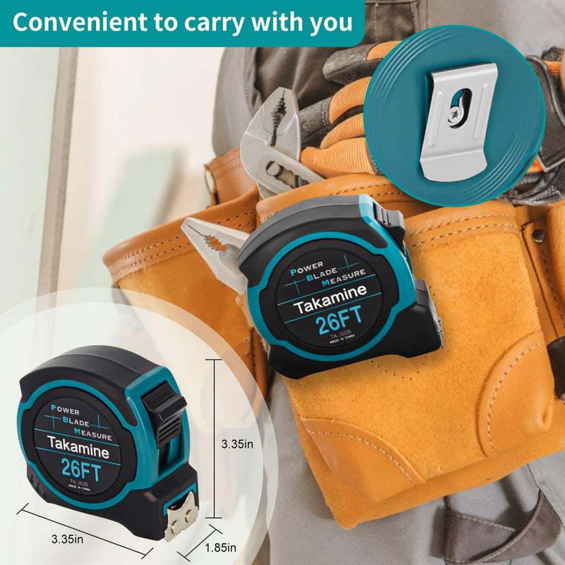 Takamine Tape Measure Professional 26 Feet, 1/8 Fraction Easy Read Retractable Measuring Tape, with Magnetic Hook, Manual Lock, Rubber casing, Suitable for Engineers/Surveyors/Carpenters/Construction