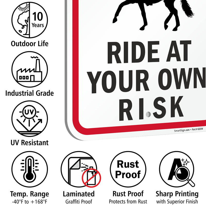 SmartSign 18 x 12 inch “Warning - Ride At Your Own Risk” Horse Riding Warning Metal Sign, 63 mil Laminated Rustproof Aluminum, Red, Black and White, Made in USA 12" x 18" Aluminum Sign_2