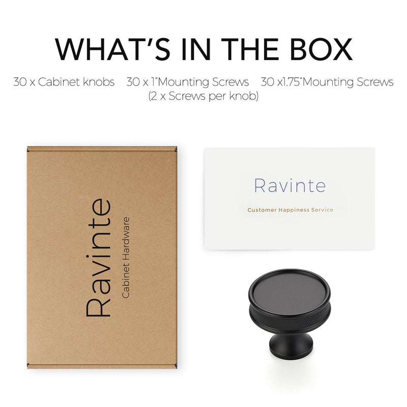 Ravinte 30 Pack 1-1/5"(30mm) Matte Black Cabinet Knobs Knurled Dresser Drawer knobs Kitchen Cupboard Handles for Cabinet Hardware
