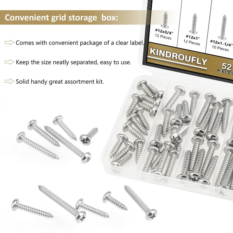 [Australia - AusPower] - 52 Pieces #12 x 3/4" 1" 1-1/4" 1-1/2" 2" Phillips Pan Head Self-Tapping Screws, Wood Screws Assortment Kit, 304 Stainless Steel 