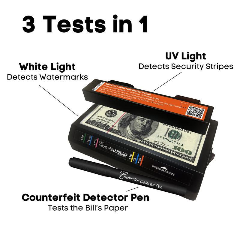 [Australia - AusPower] - Dri Mark Tri Test - Counterfeit Bill Detector Machine w/AC Adapter - 3 Tests in 1 - Paper, Security Strip and Watermark Tests, Accurate Money Tester Machine with Counterfeit Detection Pen 1 Tri Test 