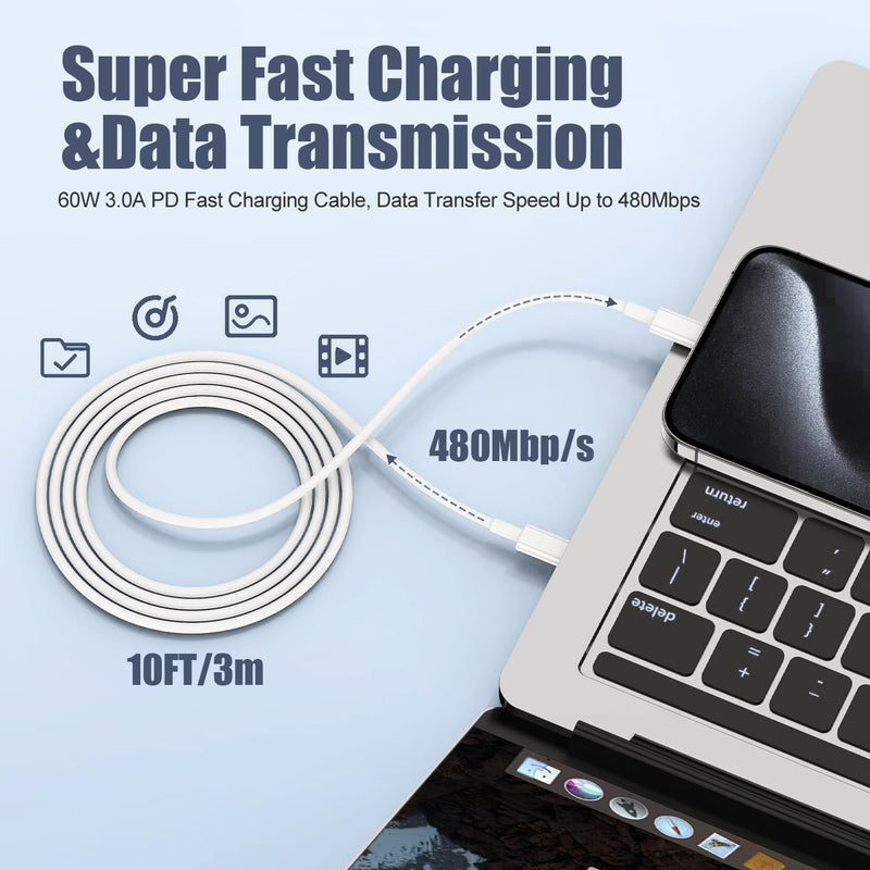 iPhone 17 Air/16e/15 Pro Max Charger Fast Charging, 2Pack 20W Dual USB C Fast Charger Block 10FT Long USB C to C Charging Cable Cord for iPhone 17/17 Pro/17 Pro Max/16 Pro Max/15 Pro/15 Plus/iPad Pro White 2Pack（10FT C-C） 2