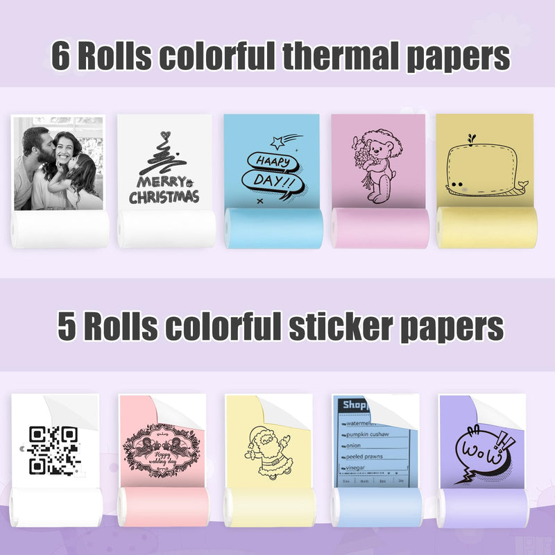 [Australia - AusPower] - Mini Sticker Printer,Mini Pocket Thermal Printer with 11 Rolls Paper,Bluetooth Inkless Printer Compatible with Android & iOS,Portable Receipt Printer for Photo,Journal,Memo,Travel,Purple Purple 