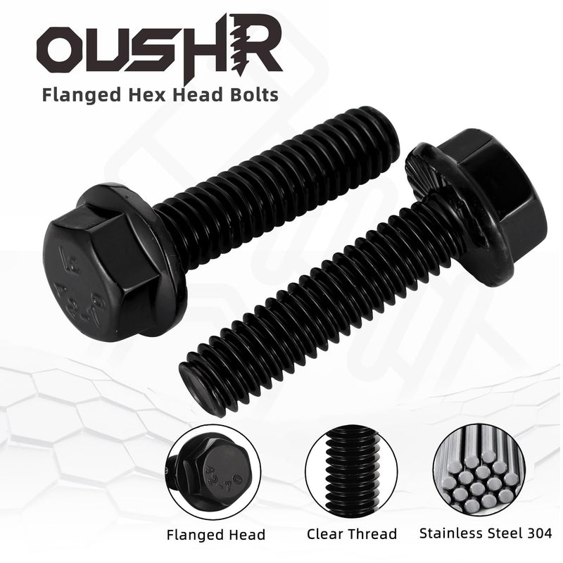 [Australia - AusPower] - 1/4-20 x 1-1/4" Black Flanged Hex Head Bolts Flange Hexagon Screws, Stainless steel 304, Fully Threaded, 25 PCS 1/4-20 x 1-1/4" 