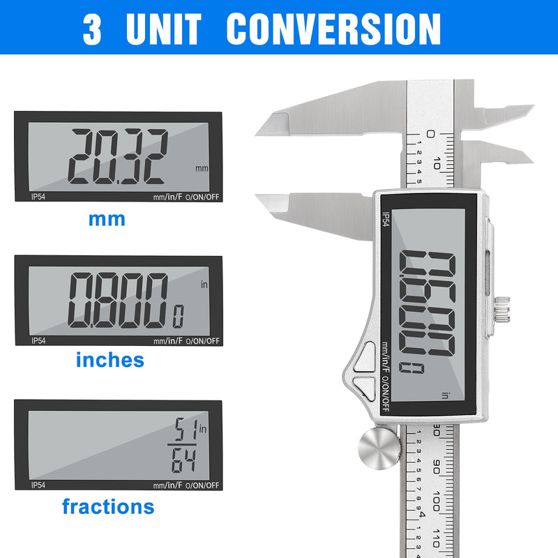 [Australia - AusPower] - Adoric Digital Caliper, Caliper Measuring Tool Stainless Steel Vernier Caliper Digital Micrometer with Large LCD Screen, Easy Switch from Inch Metric Fraction, 0-6" Caliper Tool for DIY/Household 6" Ss-large Lcd 