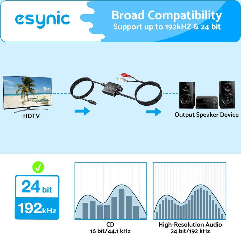 [Australia - AusPower] - eSynic 192KHZ Optical to RCA Converter with Volume Control 7ft/2.1m Digital to Analog Audio Converter Aluminium Alloy Shell Optical to Analog Adapter PCM Audio DAC Converter for HDTV Blue-ray PS4 etc 