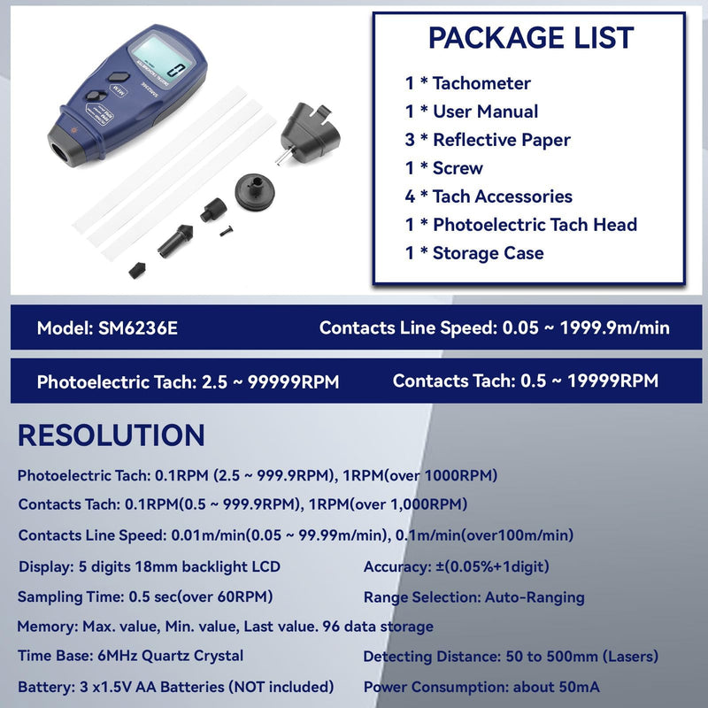 [Australia - AusPower] - Digital Tachometer, SM6236E Rotation Meter 5 Digits 18 Mm LCD Handheld Tachometer Professional Motor Rotation Speed Tester Meter 