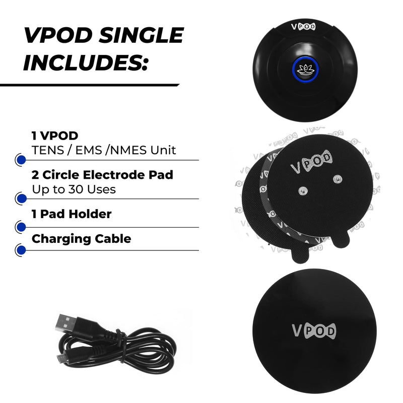 VPOD Single Wireless TENS Unit - EMS Muscle Stimulator for Pain Relief Therapy, 24 Modes - TENS Massager Electric Stimulation Machine for Nerve and Back Pain VPOD Single