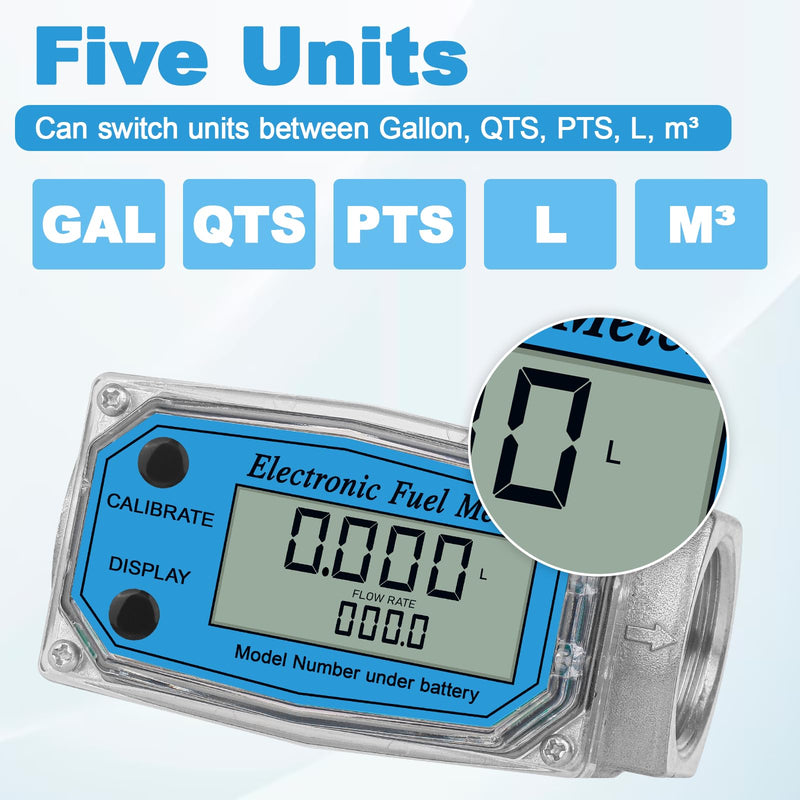 [Australia - AusPower] - 1" 2.6-26 GPM Inline NPT Thread Flowmeter, Digital Turbine Fuel Flow Meter, for Water, Diesel, Gas Oil, Gasoline, and Other Liquids - Supports Gallon, QTS, PTS, L, m³ with 3/4 in Adapters 