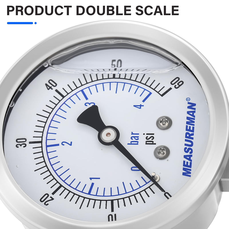 [Australia - AusPower] - MEASUREMAN Stainless Steel Sanitary Pressure Gauge, 2.5” Dial, 0-60 PSI, Glycerin-Filled for Accuracy, 1.5” Tri Clamp Bottom Mount for Food, Dairy, and Pharmaceutical Applications 0-60 psi/bar 