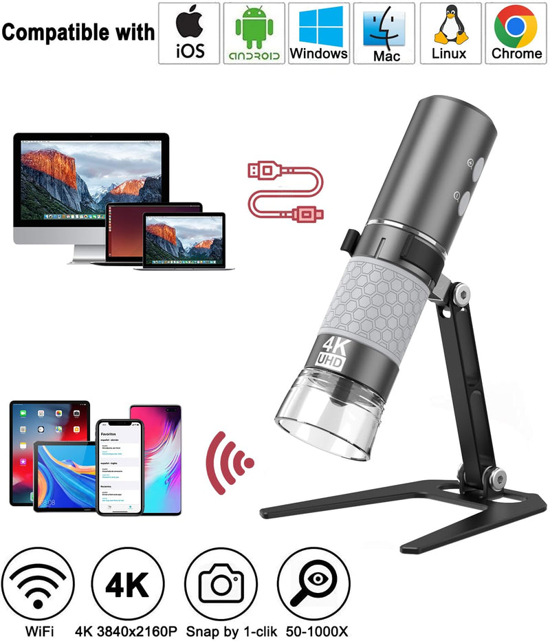 [Australia - AusPower] - WiFi USB Digital Handheld Microscope, 50 to 1000x Wireless Magnification Endoscope 4K 3840x2160P Camera 8 LEDs with Metal Stand for iPhone iPad Android Mac Windows Linux Chrome Grey 