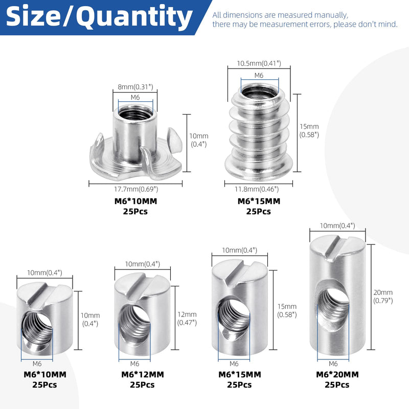 [Australia - AusPower] - Glarks 150pcs M6 x 10/12/15/20mm Nickel Plated Barrel Cross Dowels Slotted Nut Kit, Includes 100pcs Barrel Nut, 25pcs M6x10mm 4-Pronged Tee Nut, 25pcs M6x15mm Hex Socket Threaded Insert Nuts 150pcs Silver Barrel Nut Set 