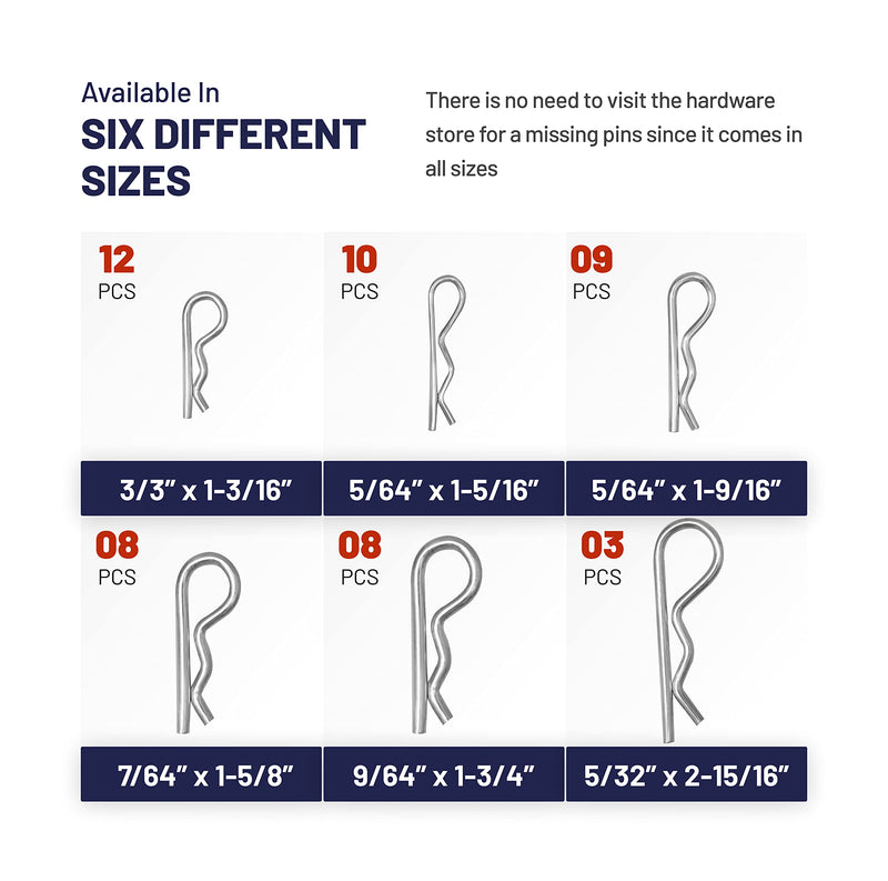 [Australia - AusPower] - Cotter Pins 50 Pcs r pins - Sturdy & Durable Alloy Steel - R- Shaped Heavy Duty Cotter Pin Assortment Kit in 6 Different Sizes - Perfect for Mechanics, Lawn Mowers, & RV Owners 