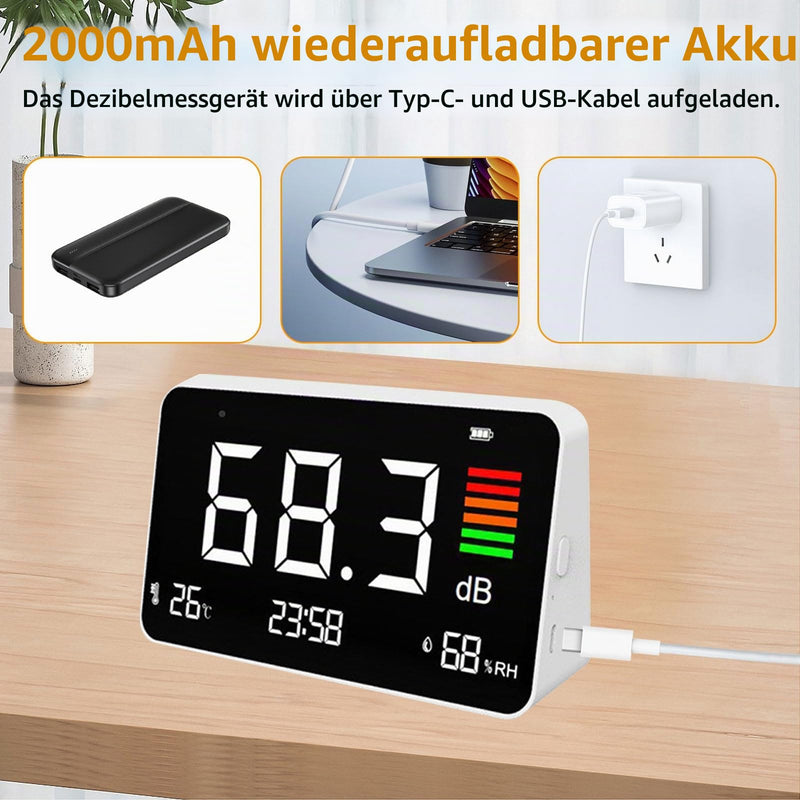4-in-1 Decibel Meter, DB Meter with LED Display, Sound Level Meter 30-130dB Noise, Time, Temperature & Humidity Meter, Decibel Meter for Home, Classroom, Office, Library