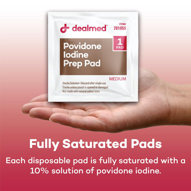 [Australia - AusPower] - Dealmed Povidone Iodine Prep Pad 10% - Individually Sealed Packets Perfect for Wound Care and Portable First Aid Kits, 100/Box (Pack of 1) Pack of 1 