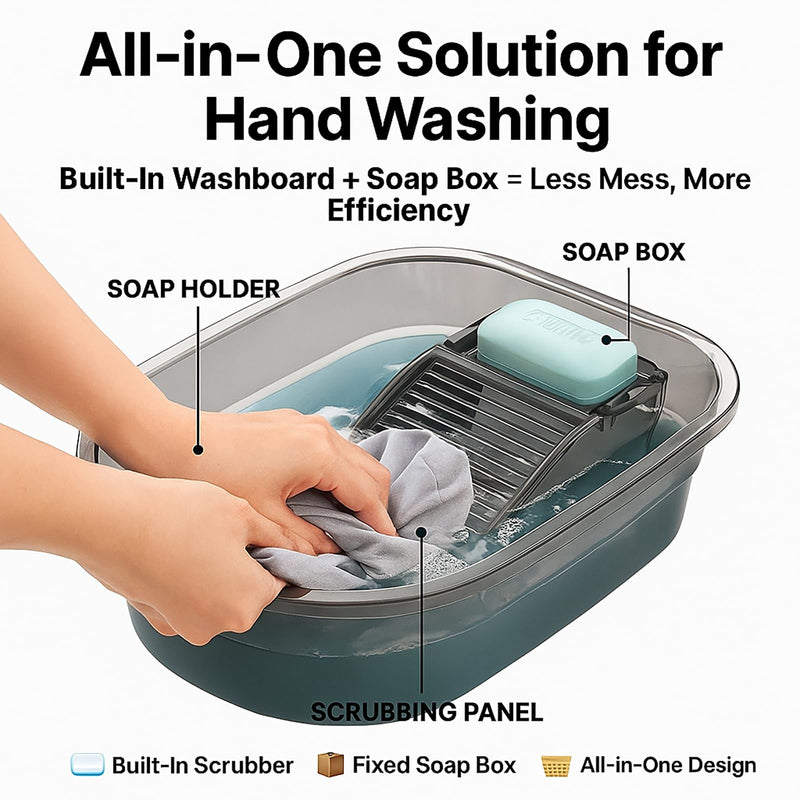 Washboard Basin for Hand Washing Clothes, Compact Hand Wash Clothes Basin with Built-in Laundry Washboard, Soap Holder, Wash Basin for Delicates & Small Loads Transparent Gray 16 X 13 X 4.9 Inches
