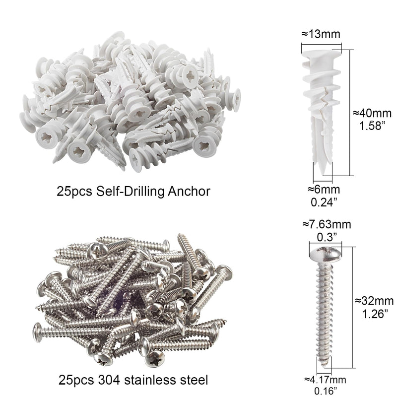 [Australia - AusPower] - Linkup 50PCs Self Drilling Drywall Anchors with screws kits,incoulding 25pcs #8 x 1-1/4pan head stainless steel self tapping screws and 25pcs anchors for drywall,holds upto 75lbs 50 