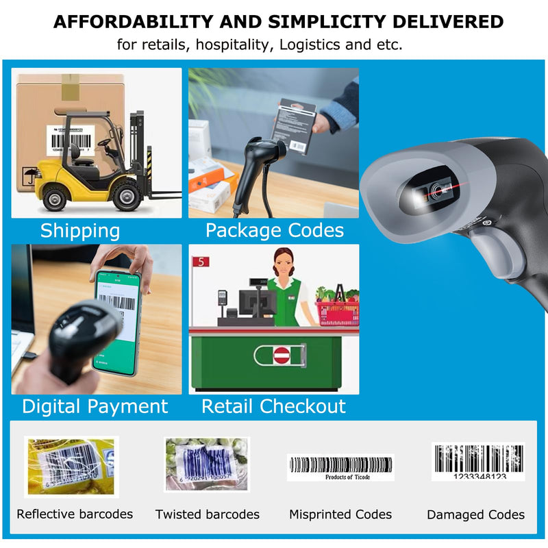 TEEMI 2D USB Barcode Scanner with Stand, 1D/QR Code Reader for Inventory, Handsfree Scanning Gun for Warehouse, Library, Supermarket – Supports Virtual COM Port Stand Included