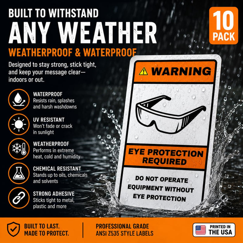 WARNING Eye Protection Required Label – ANSI Z535 Safety Sticker – 3” x 5” Industrial Equipment Decal – Durable Adhesive – OSHA Style – Pack of 10