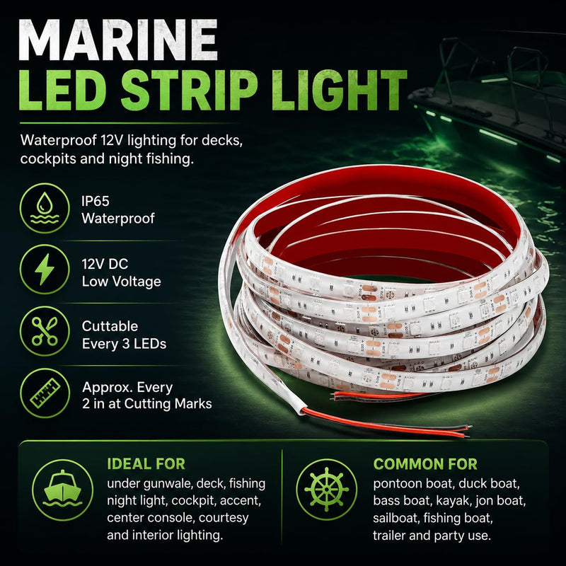 Seaponer Marine Led Strip Lights, Pontoon Light Strip for Jon Bass Boat Sailboat Kayak, Marine Led Lights for Boats Deck Light Light Courtesy Interior Lights Fishing Night, 12v, 10m(32.8ft) (Green) Green
